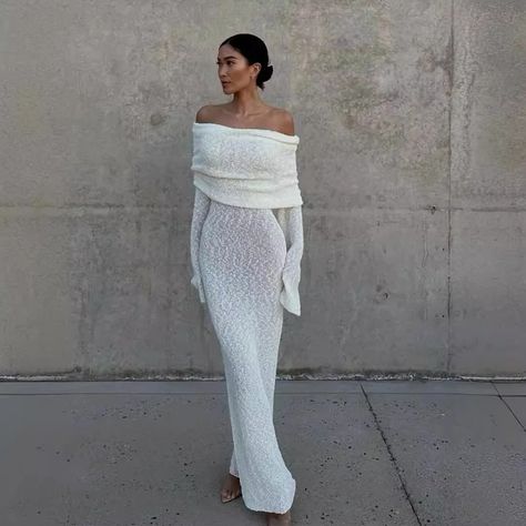 Sexy Knit Long Dress Elegant Woman Tunic Dress White Off Shoulder Bodycon Hollow Out Crochet Sundress Wedding Guest, Off Shoulder Knit Dress, Sundress Wedding, Knit Long Dress, Long Dresses Elegant, Long Sundress, Dresses Beach, Long Knitted Dress, Sundress Dress