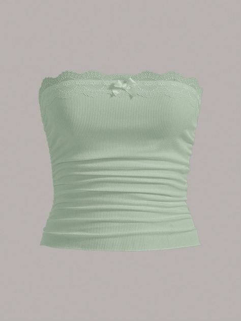 Mint Green Casual Collar Sleeveless Knitted Fabric Plain  Embellished Medium Stretch  Women Plus Clothing Green Corset Top, Mint Green Outfits, Summer Tube Top, Mint Outfit, Mint Green Top, Flare Dress Casual, Mint Green Tops, Green Crop Top, Shoes Outfit Fashion