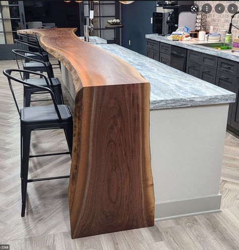 Kitchen Island Waterfall Edge Wood, Live Edge Kitchen Bar Top, Live Edge Kitchen Islands, Love Edge Bar Top, Live Edge Waterfall Island, Live Edge Bars, Waterfall Bar Countertop, Live Edge Breakfast Bar, Live Edge Kitchen Countertops