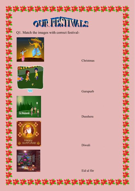 Our Festivals Worksheet, Festival Worksheets For Grade 1, Indian Festivals Chart, Festivals Of India Worksheet, Festival Activities For Kids, Evs Worksheet, Worksheet For Class 2, Festival Names, Poetry Worksheets