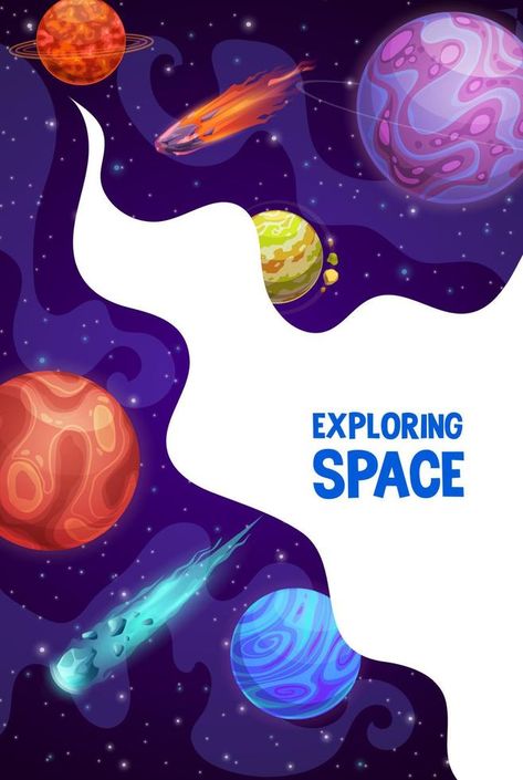 Space exploring poster with planets and asteroids Space Exploration Poster, Poster Science Design Ideas, Space Exploration Aesthetic, Science Poster Ideas, Science Poster Design, Planets Preschool, Planets Poster, Exploration Art, Planet Poster