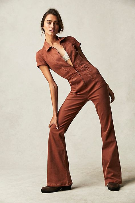 Boho Jumpsuit Outfit, 70s Jumpsuits For Women, Brown Flare Pants Outfit, Suede Jumpsuit, Cord Jeans, Free People Jumpsuit, 70s Inspired Fashion, Boho Jumpsuit, Flare Jumpsuit