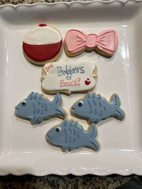 Gender Reveal Ideas August, Bobbers And Bows Gender Reveal, Bobbers Or Bows Gender Reveal, Bobbers Or Bows, Gender Reveal Sugar Cookies, Fishing Gender Reveal, Bows Gender Reveal, Gender Reveal Baby Shower Themes, Gender Reveal Party Favors