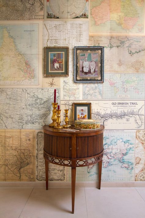 What a fantastic idea!!! Wallpaper & Travel Decorations ~ for my office maybe? Decorating With Maps Wall Art, World Map Home Decor, Map Home Decor, Wall Maps Decor, Map Collage Wall, Map Decor Ideas, Travel Themed Office, Map Decorations, Wes Anderson Decor