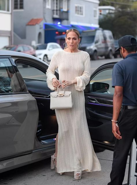 Jennifer Lopez Wore a Sheer White Crochet Dress White Crochet Dress Outfit, Crochet Dress Long, Crochet Dress Outfits, White Crochet Dress, Crochet Maxi Dress, Crochet Maxi, Celebrity Moms, Full Look, Look Here