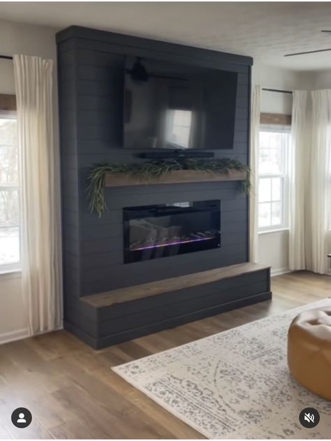 Shiplap Fireplace Grey, Black Brick Electric Fireplace, Accent Walls In Living Room With Electric Fireplace, 8ft Fireplace Wall, Barnboard Fireplace Wall, Fireplace Mantle Hide Electronics, Fireplace Tv Wall Playstation, Bedroom Fireplace Wall With Tv, Chevron Tv Wall