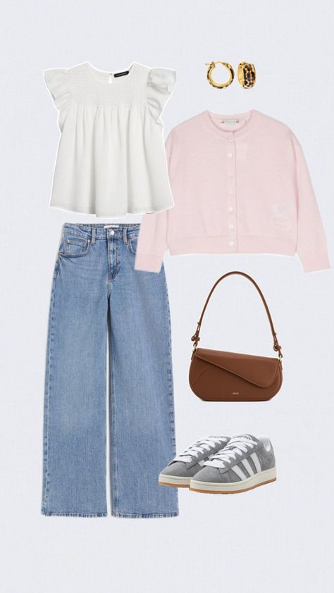 Pink cardigan, blue wide jeans, white top, brown bag Jean Outfit, Blue Jean Outfits, Cute Spring Outfits, Spring Fits, Brown Bag, Pink Cardigan, Wide Jeans, Cute Spring, Jeans White