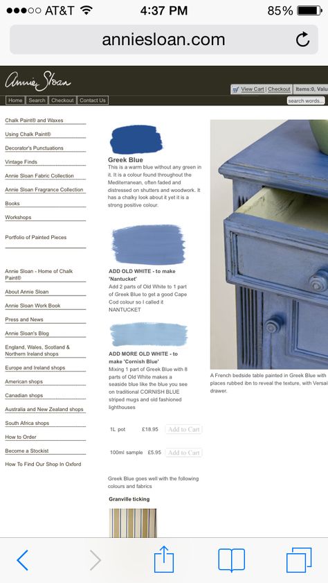 Mixing Annie Sloan Greek Blue & Old White :) Annie Sloan Emperors Silk, Annie Sloan Greek Blue, Annie Sloan Chalk Paint Colors, Distressing Chalk Paint, Milk Paint Furniture, Annie Sloan Painted Furniture, Real Milk Paint, Nautical Bedroom, Greek Blue