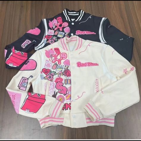 Fashion Jackets, Must Have Kawaii Varsity Jacket, Varsity Jacket Outfit Women, Jackets Aesthetic, Reference Clothing, Matching Jackets, Casual Fall Jacket, Pastel Outfits, Punk Jacket, Autumn Jacket Women