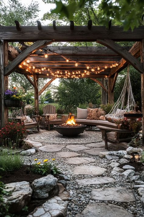 Backyard Garden Oasis Landscaping Ideas, Outdoor Home Inspiration, Farmhouse Firepits Backyard Ideas, Small Backyard Oasis On A Budget Cozy, Fire Pit With Pergola Ideas Backyard, Diy Fire Pit Patio Cheap, Woods Decorations Ideas, Backyard Country Ideas, Outdoor Picnic Area