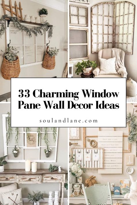 Dive into the timeless beauty of window pane wall decor, a creative endeavor that brings a piece of history and elegance into your home. Picture old window frames converted into artful displays for pressed flowers, vintage lace, or hand-painted scenes. Or imagine a paneled glass artwork that segments colorful landscapes or abstract art, offering a new perspective on traditional wall art. These window pane ideas are perfect for adding a touch of whimsy and nostalgia, creating a home that feels bo Old Windows Wall Decor, Antique Window Frame Ideas Diy Projects, Vintage Window Wall Decor, Old Window Collage Wall, Large Window Pane Ideas Wall Decor, 12 Pane Window Ideas, Vintage Window Decor Ideas, Pictures On Paneled Walls, Window Frame Wall Decor Living Room