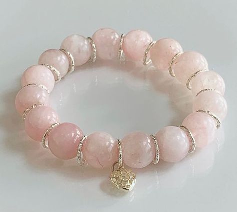 "💎 Rose Quartz Bracelet, Natural Rose Quartz. Stretch Bracelet, Love Bracelet, Rose Quartz Jewelry. Natural rose quartz stretch bracelet with silver spacers and 925 sterling silver heart shaped charm. Made with high-quality elastic stretch cord for easy on and off. Please read wrist measuring instructions below before placing order. WRIST MEASUREMENT How To Select The Right Size Bracelet: Wrap a flexible measuring tape around the smallest part of your wrist then add half an inch. I Stretch Beaded Bracelets Diy, Rose Quartz Bracelet Beads, Rose Quartz Healing, Rose Quartz Jewelry, Rose Quartz Bracelet, Beads Bracelet Design, Silver Jewelry Design, Rose Quartz Beads, Crystal Beads Bracelet