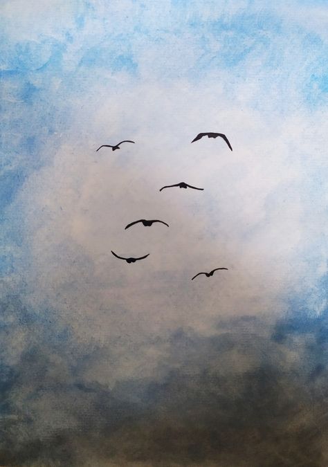 Birds In The Distance Drawing, How To Paint Seagulls Flying, Flying Birds Watercolor, Bird Art Easy, Bird In Sky Painting, How To Paint Birds Flying Easy, How To Paint Birds In The Sky, Watercolor Bird Flying, Birds In The Sky Painting