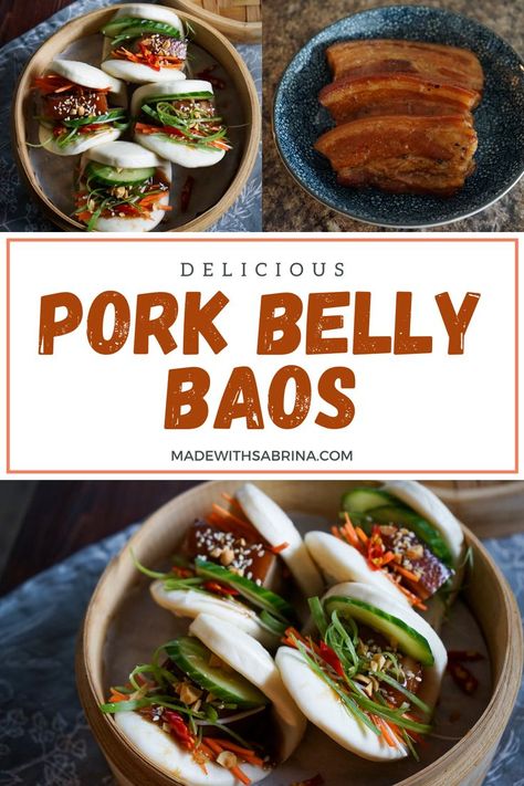 Sweet, savory pork belly topped with crunchy vegetables, encompassed in a pillowy steamed bao bun. Chinese Pork Belly Recipe, Pork Belly Buns, Asian Pork Belly, Steamed Bao Buns, Pork Belly Bao, Steamed Bao, Gua Bao, Recipe For Pork, Asian Pork