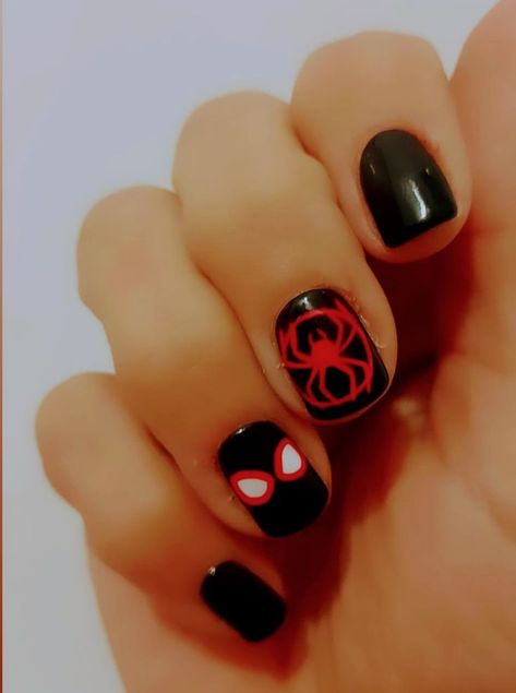 Spiderman Miles Morales Nails Acrylic, Miles Morales Nail Art, Miles Morales Inspired Nails, Spiderman Across The Spider Verse Nails, Across The Spider Verse Nails, Spider Man Short Nails, Spiderman Nail Designs, Spider Verse Nails, Spiderman Nails Short