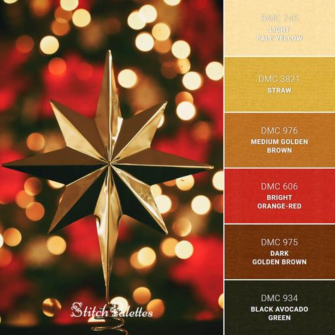 Christmas Red And Gold - Embroidery Color Palette (With Thread Codes) Christmas Red And Gold, Xmas Color, Christmas Palette, Christmas Color Palette, Pantone Colour Palettes, Hex Color Palette, Winter Color Palette, Gold Color Palettes, Gold Palette