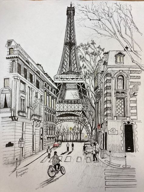 Prespective Sketches Looking Up, Paris Architecture Drawing, Paris Sketch Pencil, How To Draw A City, Paris Street Drawing, Eiffel Tower Drawing Sketches, Paris Pencil Drawing, Paris Drawing Sketches, One Point Perspective Drawing Easy