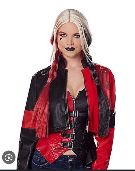 Black Harley Quinn Makeup, Black And Red Style, Harley Quinn Jacket, Harley Quinn Halloween Costume, Harley Jacket, Harley Quinn Makeup, Harley Quinn Halloween, Stranger Things Costume, Red Costume