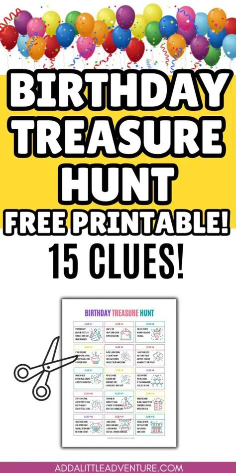 Birthday Treasure Hunt - Free Printable! - 15 Clues! Birthday Party Scavenger Hunt Ideas, Scavenger Hunt For Birthday Party, Birthday Treasure Hunt Clues For Adults, Scavenger Hunt Party Birthday, Treasure Hunt Birthday Party Ideas, Hunting Party Games, Birthday Party Scavenger Hunt Kids, Birthday Scavenger Hunt For Teens, Birthday Scavenger Hunt For Adults