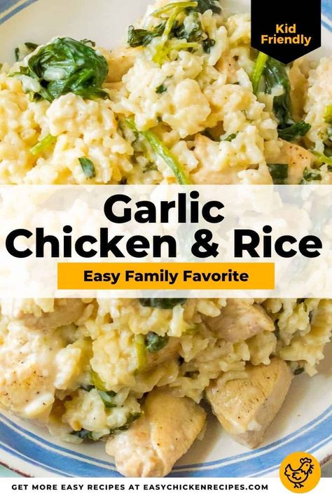 This yummy one pot garlic chicken and rice is a delicious family meal that's ready to serve in 30 minutes. Wonderfully creamy and simple to make, it's a great option for an easy weeknight meal. Chicken And Rice One Pot, Garlic Chicken And Rice, Easy Meals For Dinner, One Pot Rice Meals, Chicken And Rice Dishes, Creamy Garlic Chicken, Delicious Family Meals, Easy Rice Recipes, Meals For Dinner