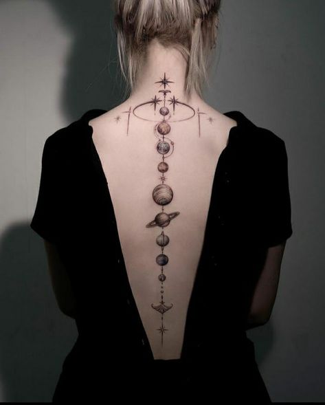 Astronomy Tattoo, Solar System Tattoo, Astrology Tattoo, Planet Tattoos, Spine Tattoos For Women, Tatuaje A Color, Spine Tattoo, Back Tattoo Women, Arm Tattoos For Women