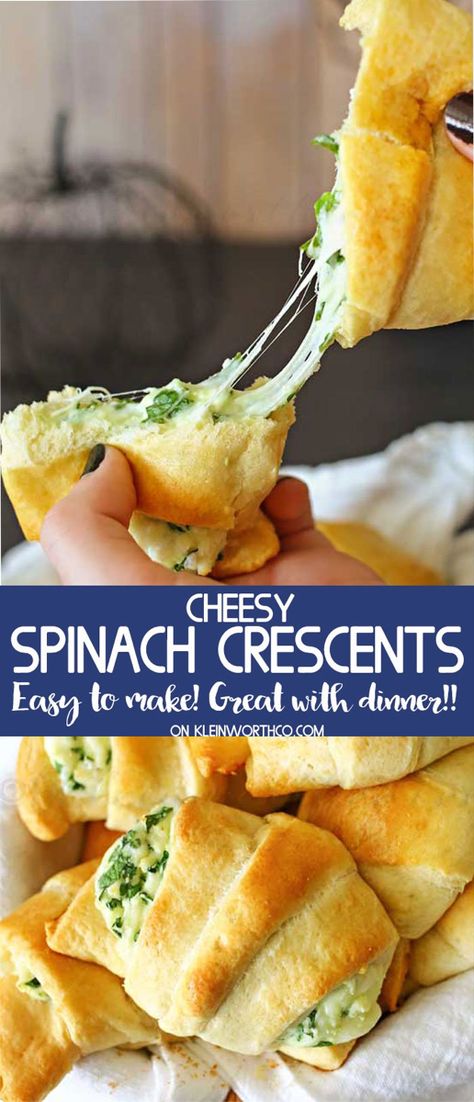 These Cheesy Spinach Crescents are an easy snack to serve for holidays. Light & fluffy crescent rolls loaded with melted cheese & spinach are delicious. #cheese #spinach #crescentrolls #bread #sidedish #easyrecipes #dinner Cream Cheese Spinach, Spinach Rolls, Neufchatel Cheese, Cheesy Spinach, Crescent Recipes, Pan Relleno, Cheese Spinach, Spinach Pie, Dinner Side