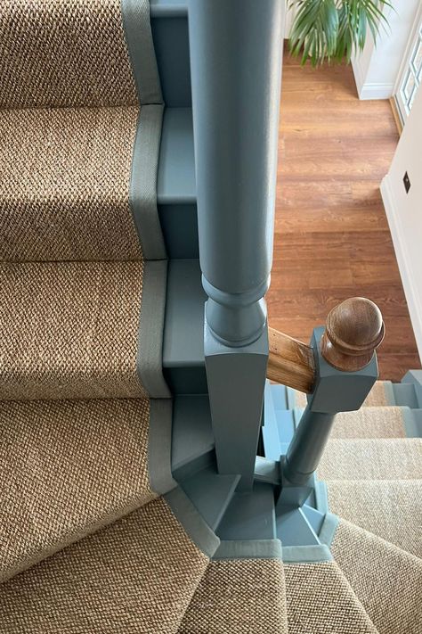 Blue Stairs With Runner, Corridor Stairs Ideas, Duck Egg Hallway, Runner On Curved Staircase, Blue Painted Stairs With Runner, Natural Stair Runner, Green Stairs With Runner, Staircase Ideas Runner, Staircase Runner With Landing