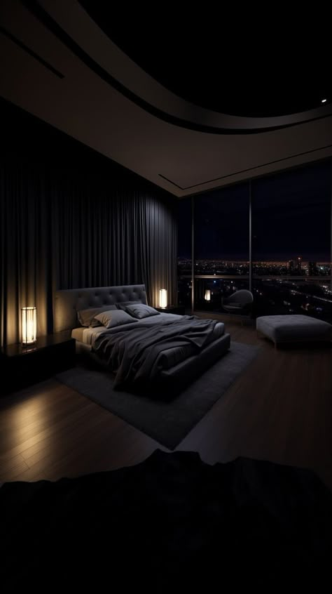 Dark Bedroom Aesthetic, Penthouse Bedroom, Dark Blue Bedrooms, Black Bedroom Decor, تصميم داخلي فاخر, Dark Bedroom, Black Shades, Luxury House Designs, Luxury Homes Dream Houses