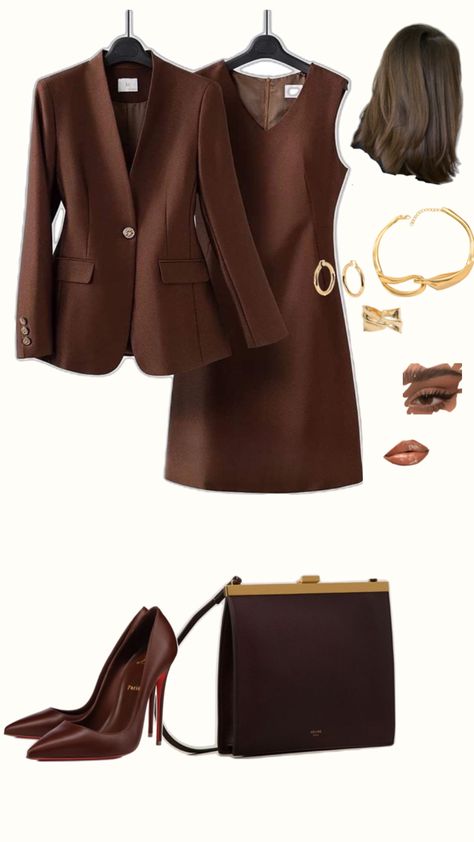 Step into timeless elegance with this chic brown outfit featuring a tailored brown jacket, a sophisticated dress, iconic Louboutin heels, and a matching brown bag. Gold jewelry adds the perfect touch of luxury to complete the look. Perfect for classy occasions or a night out. Classy Brown Outfit, Louboutin Heels, Grown Women, Brown Outfit, Sophisticated Dress, Brown Bag, Brown Jacket, Brown Aesthetic, Outfit Goals