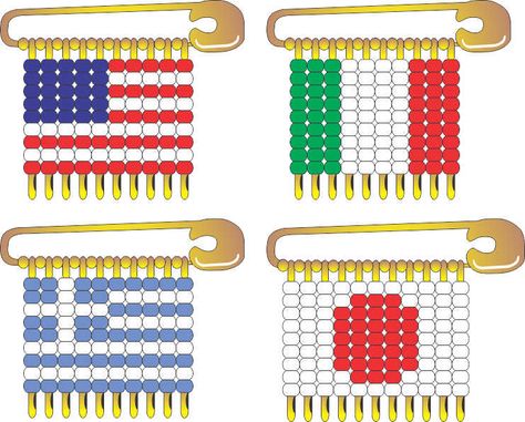 International Flag Pin Patterns available at MakingFriends.com.  Perfect for your Girl Scout Thinking Day or International celebration. Greece Swaps Girl Scouts, Safety Pin Ideas, Crafts With Beads, Safety Pin Jewelry Patterns, Safety Pin Art, Girl Scout Swaps, Beaded Pins, Safety Pin Crafts, Greece Flag