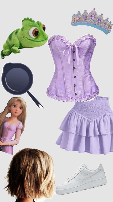 Rapunzel And Finn Costume, Rapunzel Costumes Women, College Rapunzel Costume, Purple Princess Costume, Cute Repunzal Costume, Rapunzel Halloween Outfit, Rapunzel Aesthetic Costume, Simple Rapunzel Costume, Rapanzul Halloween Costume