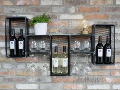 Metal Industrial Wine Wall Cabinet Drinks Storage Unit Or Shelf Black Wine Rack, Wine Rack Glass Holder, Industrial Wine Racks, Wall Storage Cabinets, Metal Storage Shelves, Wine Bottle Storage, Metal Wine Rack, Wall Mounted Wine Rack, Wine Wall