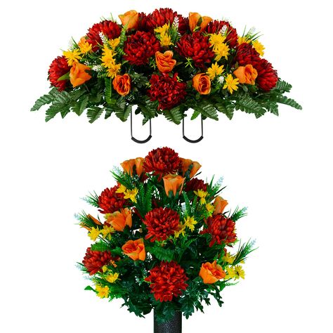 Burgundy Mums, Diy Cemetery, Cemetery Saddles, Memorial Decorations, Orange Rose Bouquet, Christmas Tress, Cemetery Vases, Grave Flowers, Cemetery Decorations