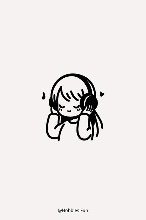 Kawaii girl draw easy, Girl with Headphones Cute Music Drawings Easy, Music Aesthetic Illustration, Easy Drawings About Music, Someone Listening To Music Drawing, Cute Headphones Drawing, Music Easy Drawings, Listen Music Aesthetic Art, Cute Music Drawings, Listening To Music Icon