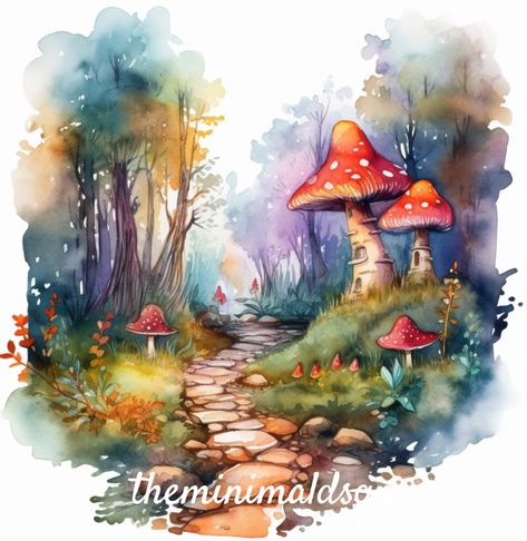 Fairy Watercolour Painting, Nature Theme Drawing Ideas, Watercolour Fairy Art, Fairytale Forest Drawing, Fairy Forest Watercolor, Fairy Tale Watercolor, Magical Watercolor Paintings, Watercolor Magic Forest, Watercolor Forest Illustration