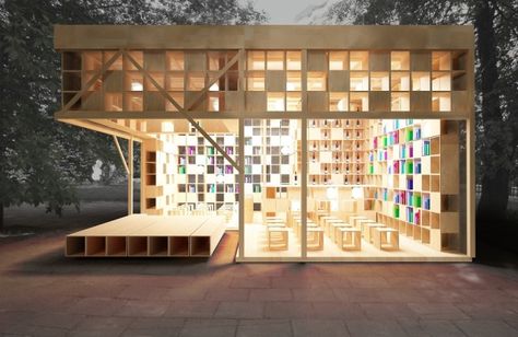 ruetemple book pavillion - bar, stage, seating Tiny Library, Street Library, Outdoor Shelves, Module Design, Mobile Library, Decorating Bookshelves, Architectural Studio, Library Architecture, Kiosk Design