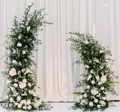 Asymmetric Arch Wedding, Half Arches Wedding, Wedding Ceremony Half Arch, Floral Arch For Wedding Ceremony, Half Arch Wedding Backdrop, Wedding Arch In Front Of Window, Half Arch Flowers Wedding, Partial Arch Wedding, Partial Floral Arch Wedding