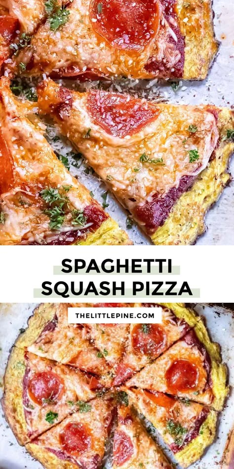 *NEW* Everyone's favorite pasta swap is more than just a noodle--introducing your new favorite veggie pizza crust, spaghetti squash pizza. #spaghettisquashpizza #lowcarbsquashpizza #ketodinners #lowcarbdinners Pizza Spaghetti Squash Recipes, Vegan Speggetti Squash Recipe, Ways To Eat Spaghetti Squash, Spaghetti Squash Waffles, Taco Spaghetti Squash Recipes, Spaghetti Squash Sides, What To Make With Spaghetti Squash, Recipes Using Spaghetti Squash, Pizza Crust Alternatives