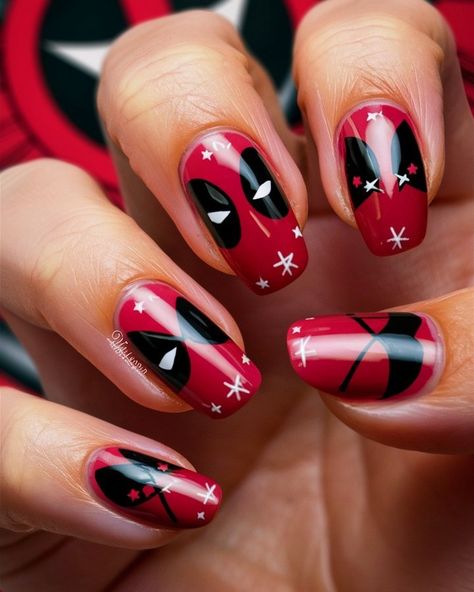 Wade Wilson’s Whimsical Nails: A Deadpool-Inspired Manicure! 💥🔴⚫️ Channeling my favorite anti-hero with this fun and cheeky Deadpool-inspired manicure! Featuring bold red and black colors with playful splashes of white, each nail showcases iconic elements like Deadpool's mask, crossed katanas, and even a few witty catchphrases. Perfect for those who love a little mischief in their style! Ready to break some nail art boundaries? 🦸‍♂️💅 #deadpoolnails #comicbookchic #nailart #nails #deadpool #in... Deadpool Inspired Nails, Deadpool Nail Art, Marvel Inspired Nails, Marvel Nails Designs, Deadpool Nails, Cosplay Claws, Dc Nails, Whimsical Nails, Superhero Nails