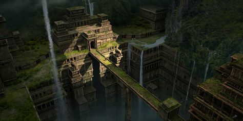 Aztec City, Aztec Temple, Jungle Temple, Hidden Places, Indian Architecture, Fantasy City, Fantasy Places, Game Concept Art, Fantasy Art Landscapes