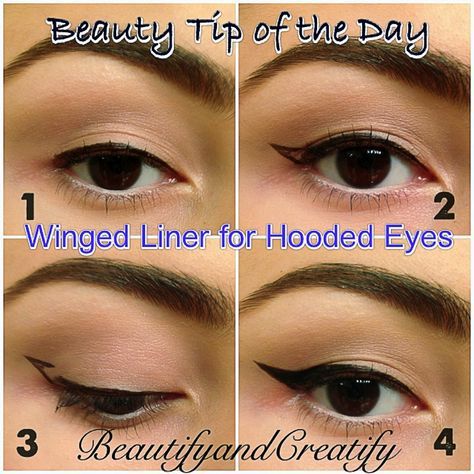 Winged Liner for hooded eyes. 1. Line your lashline. 2. Open your eyes and look straight. Draw a wing on the overlapping hooded lid by looking straight ahead. 3. Now look down, connect the gap of the wing under the hooded lid and fill the wing in. 4. Smooth the lines and you are done! Winged Liner For Hooded Eyes, Liner For Hooded Eyes, Makeup For Hooded Eyelids, Hooded Lids, Easy Winged Eyeliner, Eyeshadow For Green Eyes, Hooded Eyelids, Eyeliner For Hooded Eyes, Winged Eyeliner Tutorial