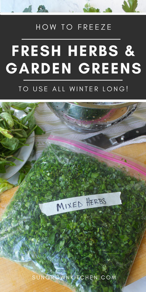 A bag of chopped herbs for the freezer. Freezing Herbs In Butter, Saving Herbs From Garden, How To Freeze Fresh Thyme, How To Save Fresh Herbs, Fresh Herbs Recipes, How To Preserve Fresh Herbs, Garden Harvest Recipes, How To Freeze Fresh Herbs, Recipes Using Fresh Herbs