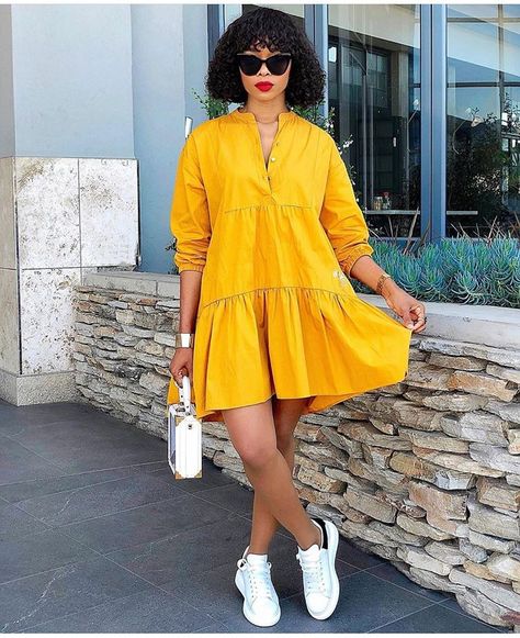 Yellow Dress With Sneakers, Cute Outfits Black Women, Cute Outfits Black, Dress And Sneakers Outfit, Outfits Black Women, Beyonce Outfits, Big Dresses, Simple Gowns, Everyday Casual Outfits