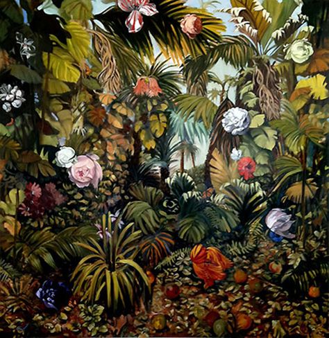 Stephanie  Peek - Stephanie Peek showing Deeper a realistic floral still life oil painting at Seager Gray Gallery. Jungle Oil Painting, Rainforest Painting, Nature Rainforest, Thistle Painting, Rainforest Flowers, Winter Scene Paintings, Rainforest Birds, Staircase Art, Paradise Painting