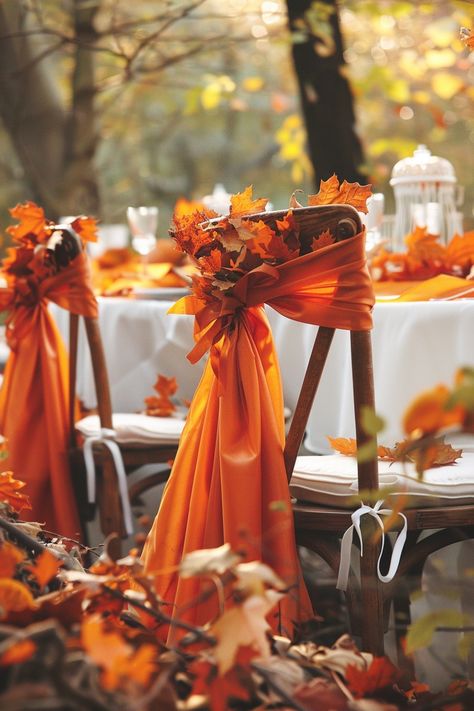 Discover how to bring autumn's embrace to your wedding with cozy chair covers and sashes. Let the essence of fall enhance your tables with leaves and harvest beauty 🍂✨. #AutumnWedding #WeddingDecor #FallLeaves #HarvestTheme #ChairSashes #WeddingIdeas #CozyDecor #SeasonalWedding Autumn Themed Wedding Decorations, Fall Chair Covers, Autumn Wedding Isles Decoration, Fall Wedding Chair Decor, Rustic Fall Wedding Aesthetic, Wedding Chair Sashes Ideas, Fall Leaves Wedding Decor, Fall Reception Ideas, End Of Aisle Wedding Decor