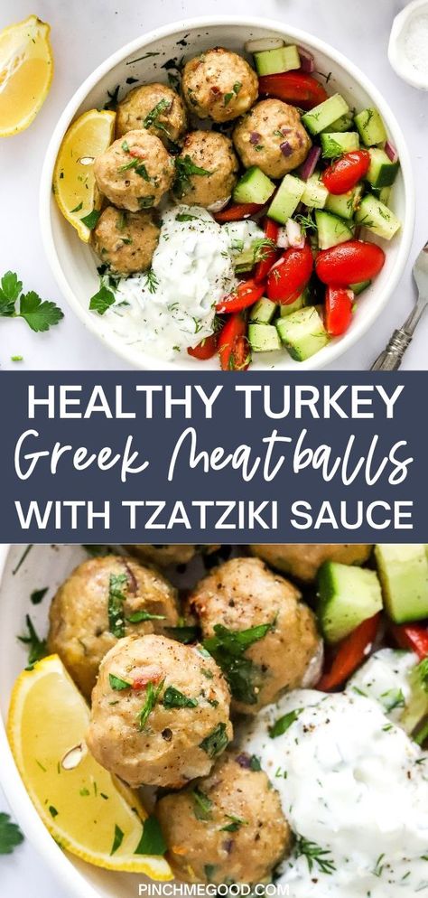 Healthy Greek Turkey Meatballs With Tzatziki, Clean Eating Turkey Recipes, Greek Turkey Meatballs With Tzatziki Sauce, Greek Turkey Meatballs Meal Prep, Ground Turkey Cucumber Recipes, Turkey Burger Lunch Meal Prep, Turkey Meatballs Meal Ideas, Greek Turkey Meatball Gyro With Tzatziki, Mediterranean Recipe With Ground Turkey