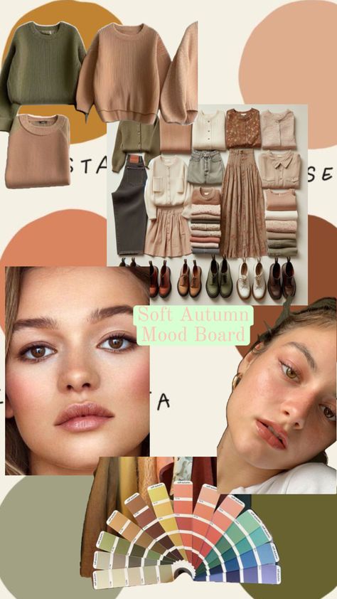 Soft autumn mood board Soft Autumn Features, Outfits For Soft Autumn, Soft Autumn Examples, Soft Autumn Yellow, Soft Autumn Outfits Inspiration, Soft Autumn Neutrals, Soft Autumn Color Palette Fashion, Soft Autumn Palette Outfits, Muted Autumn Outfit