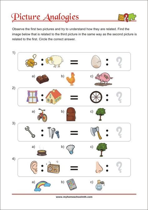 Picture Analogies for children - Visual Thinking and Logical Reasoning Skills Analogies Activities, Reasoning Activities, Visual Perception Activities, Test For Kids, Critical Thinking Activities, Speech Therapy Games, Free Preschool Worksheets, Preschool Colors, 1st Grade Math Worksheets