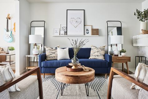 midcentury modern living room - Google Search Modern Living Room Blue, Interior Design Mid Century Modern, Blue Sofa Living, Blue Sofas Living Room, Blue Couch Living Room, Modern Bohemian Living Room, Havenly Living Room, Mid Century Modern Interior Design, Modern Boho Living Room