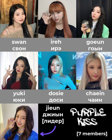 Purple Kiss With Names, Kpop Members Names, Purple Kiss Members, Kiss Names, Kpop Names, Kpop Group Names, Kiss Members, Fantasy Names, Purple Kiss